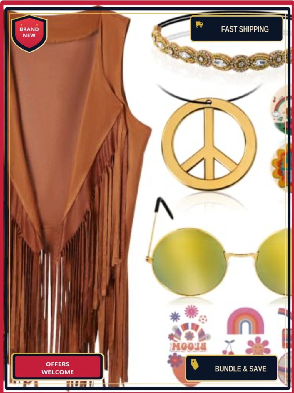 Women's 60s 70s Hippie Costume Set Fringe Vest Accessories Disco